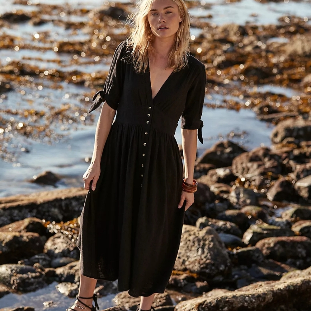 Free People Black Midi Sundress with Puff Sleeves
